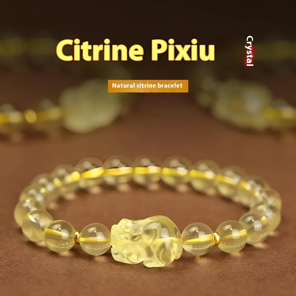 Yellow leather bracelet with artificial crystal beads and Pi Xiu charm in Chinese national style