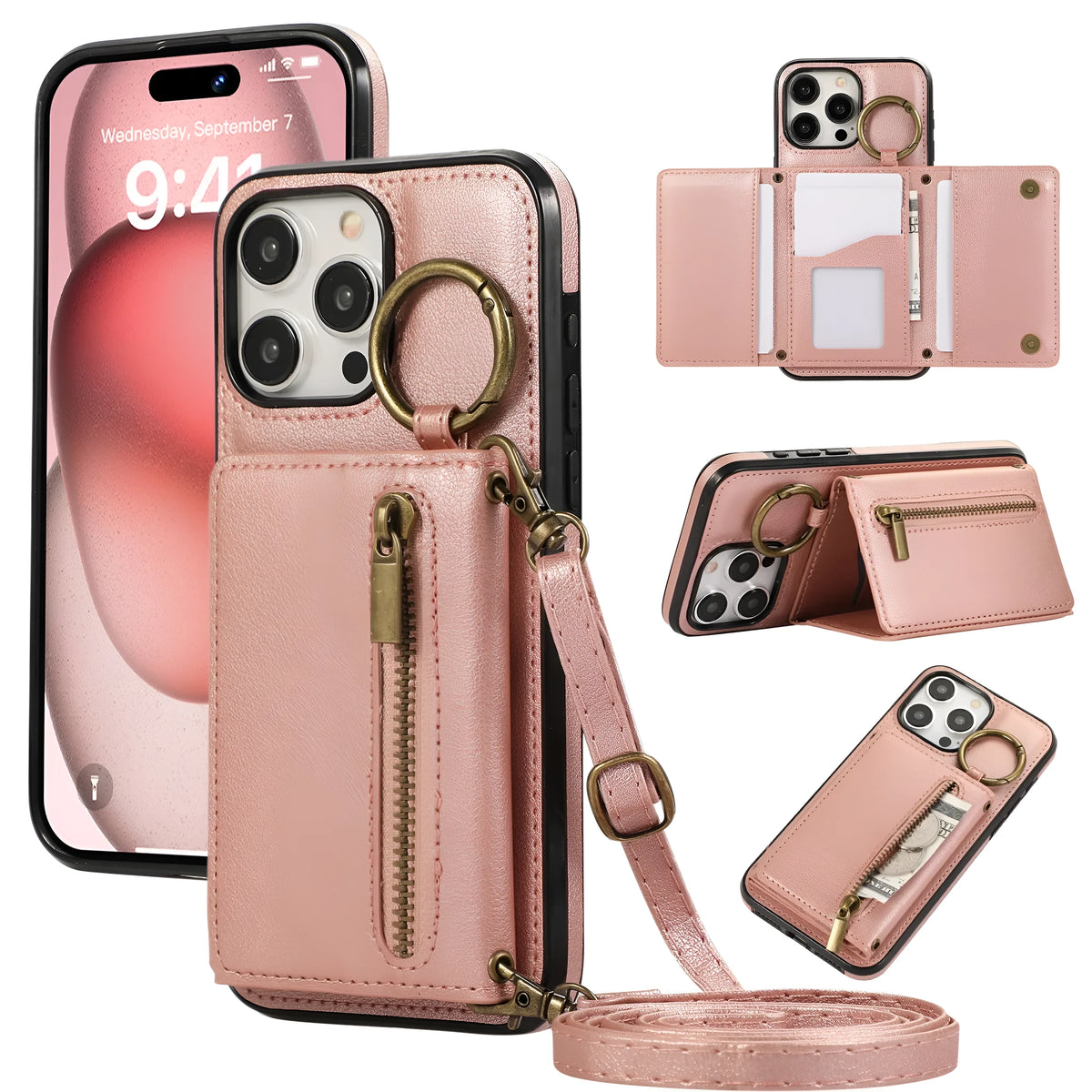 iPhone 16 crossbody phone case with tri-fold PU leather, card holder, ring bracket and zipper in black