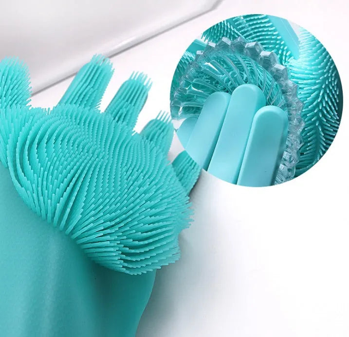 Blue silicone gloves with textured palm for scrubbing, shown on hands holding a pan.