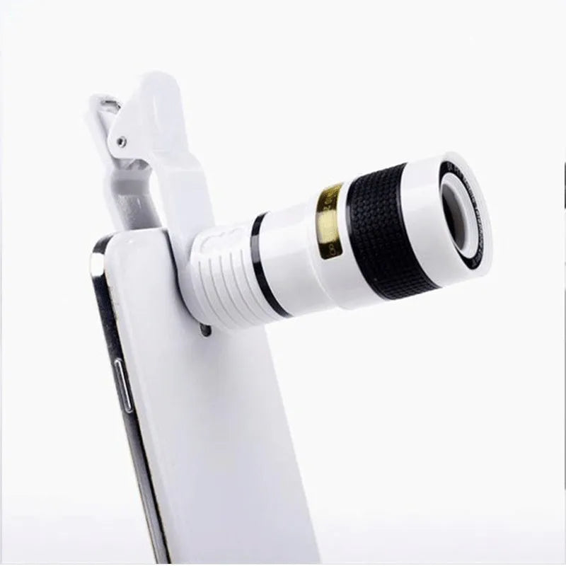 12X magnification phone telephoto lens with adjustable clip on a smartphone for long-distance photography.