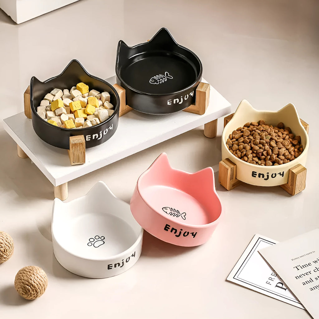 Porcelain cat bowl with wooden anti-tumble frame in cat ear design