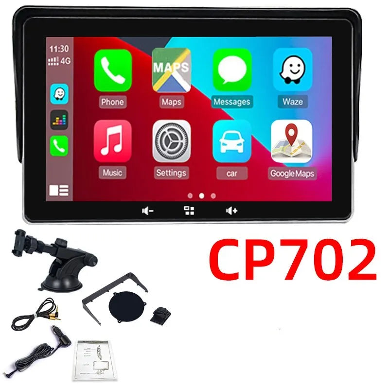 7 inch wireless CarPlay display mounted on a car windscreen with suction cup, showing iPhone apps on screen.