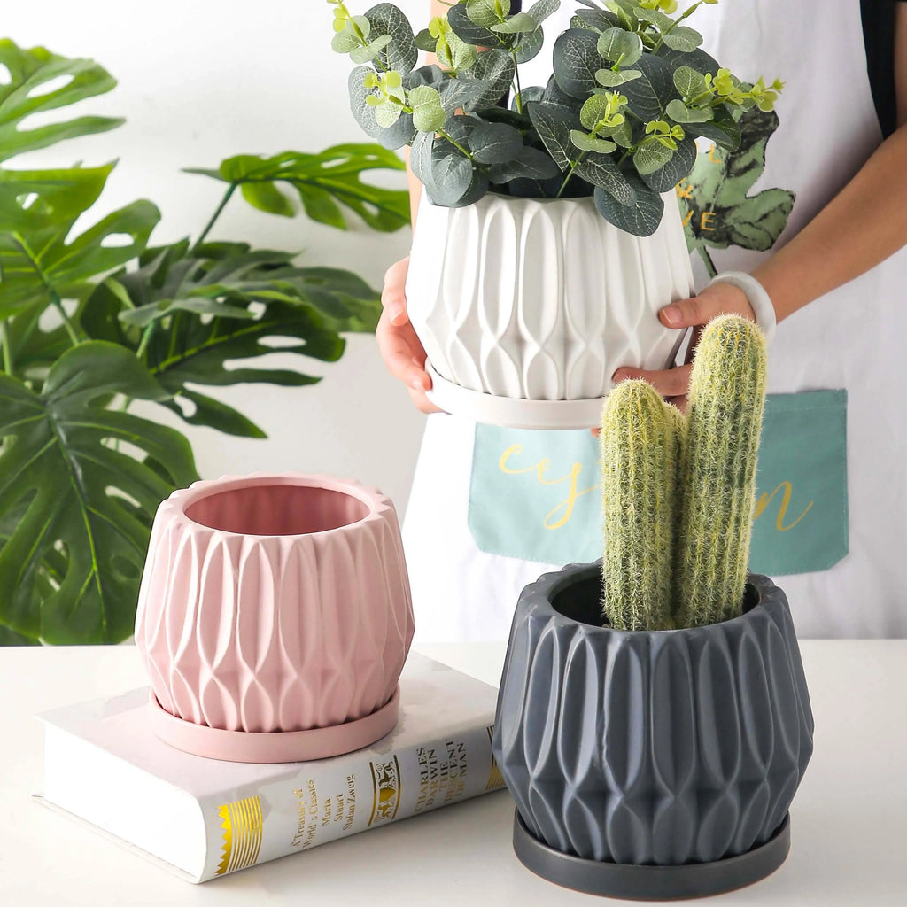Medium grey ceramic flower pot for tabletop or floor plant display