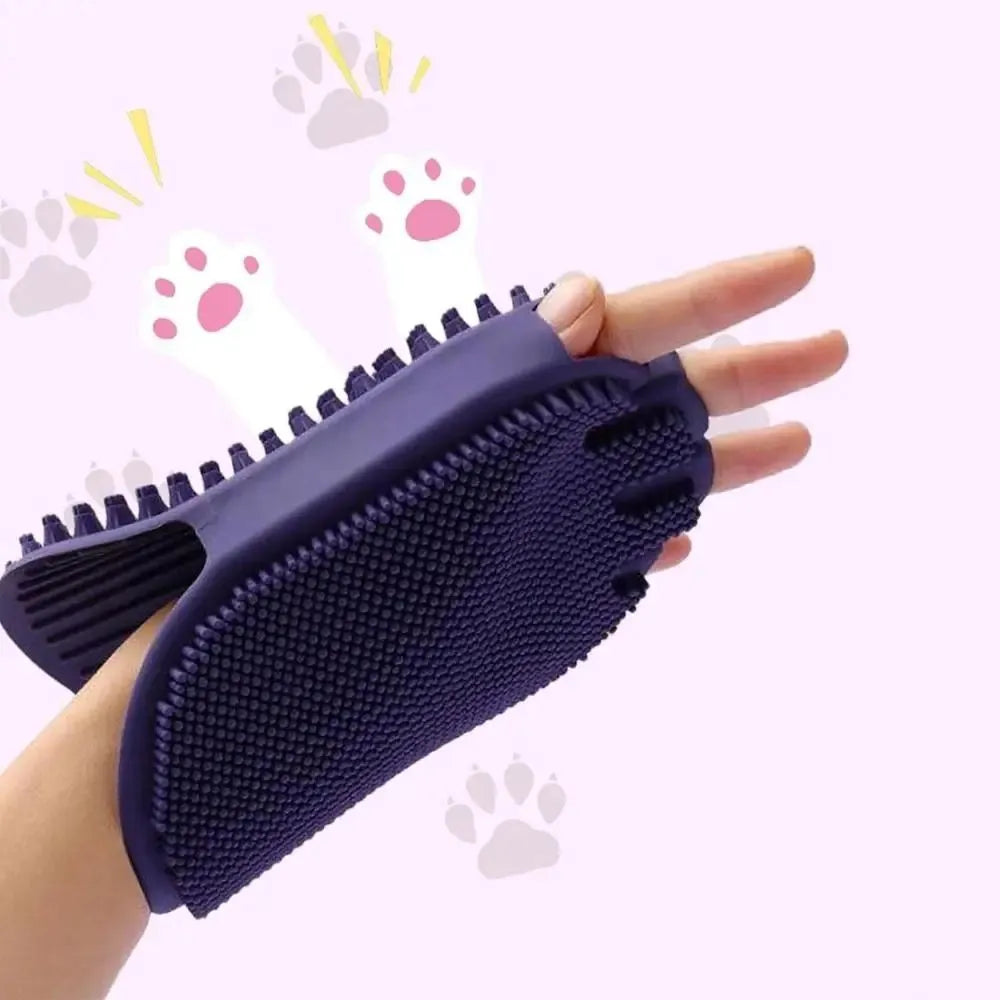 Purple dual-sided silicone pet shampoo and massage brush with soft TPR bristles