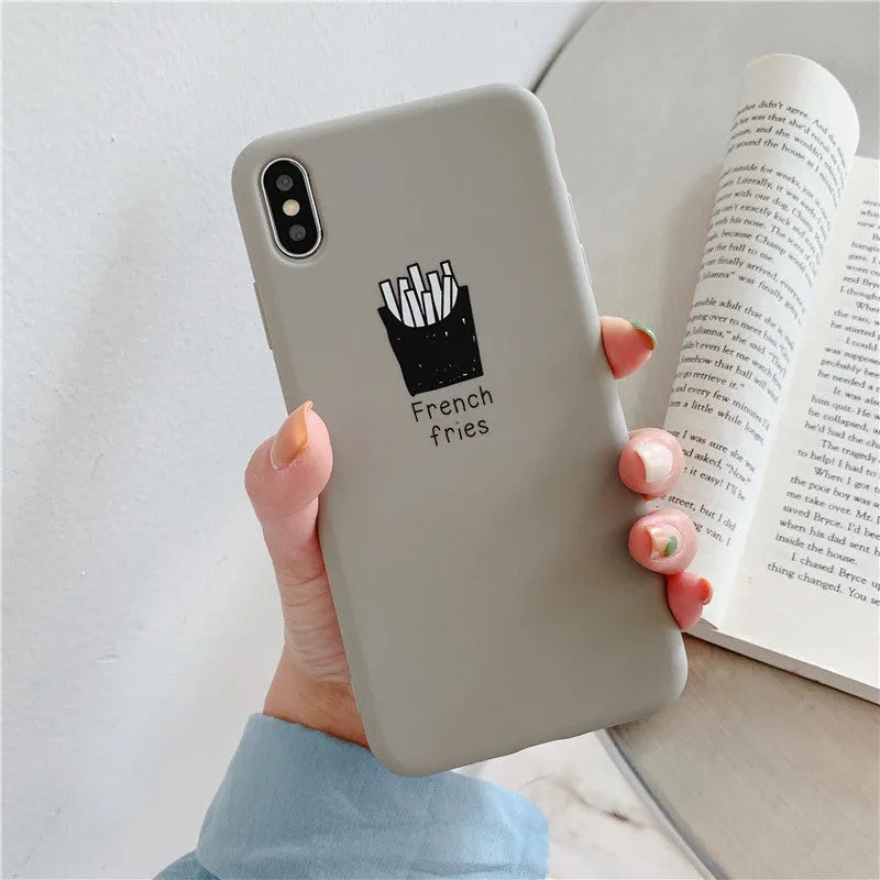 Soft matte silicone iPhone case showing coffee and fries couple design patterns.