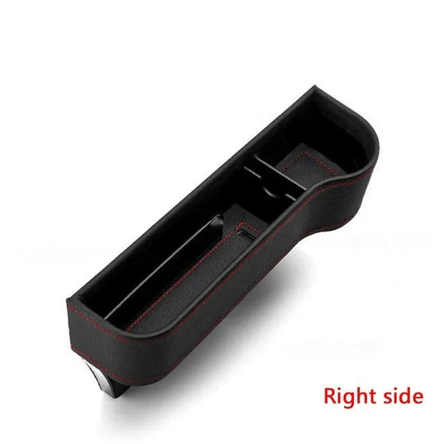 PU leather car seat gap storage box in black, universal fit, 26 x 16.5 x 20cm, with coin and cup holder sections