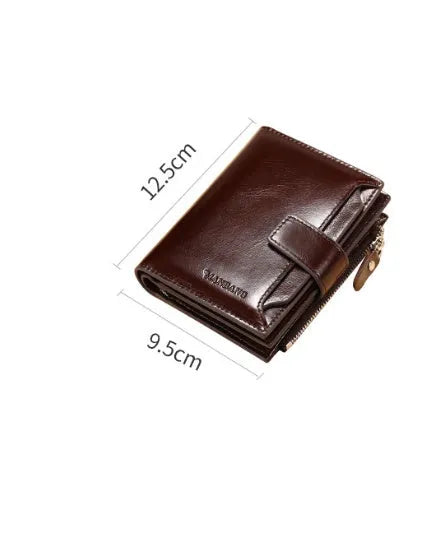 Men's brown first layer cowhide leather wallet, 12.5 x 9.5 x 1.5 cm, lock opening, square vertical card holder.