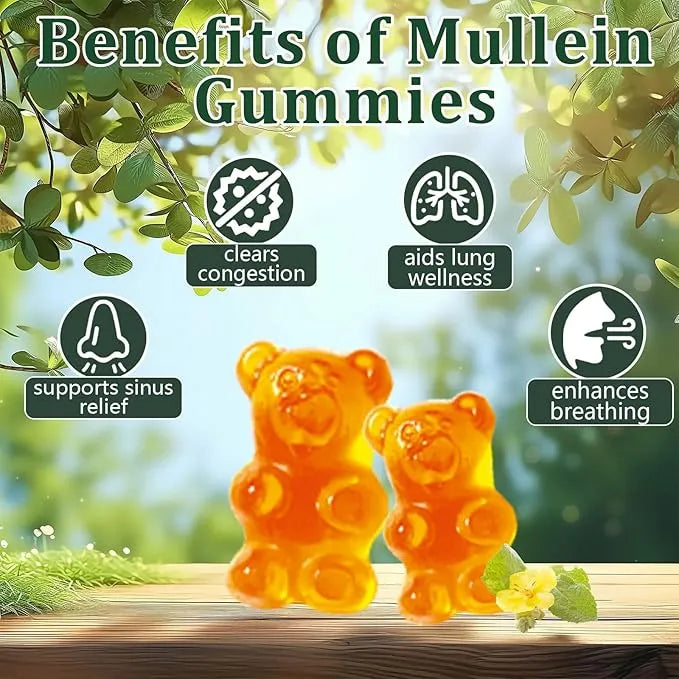 Bottle of 60 mullein gummy supplements with pear flavour, light golden colour, vegan pectin base