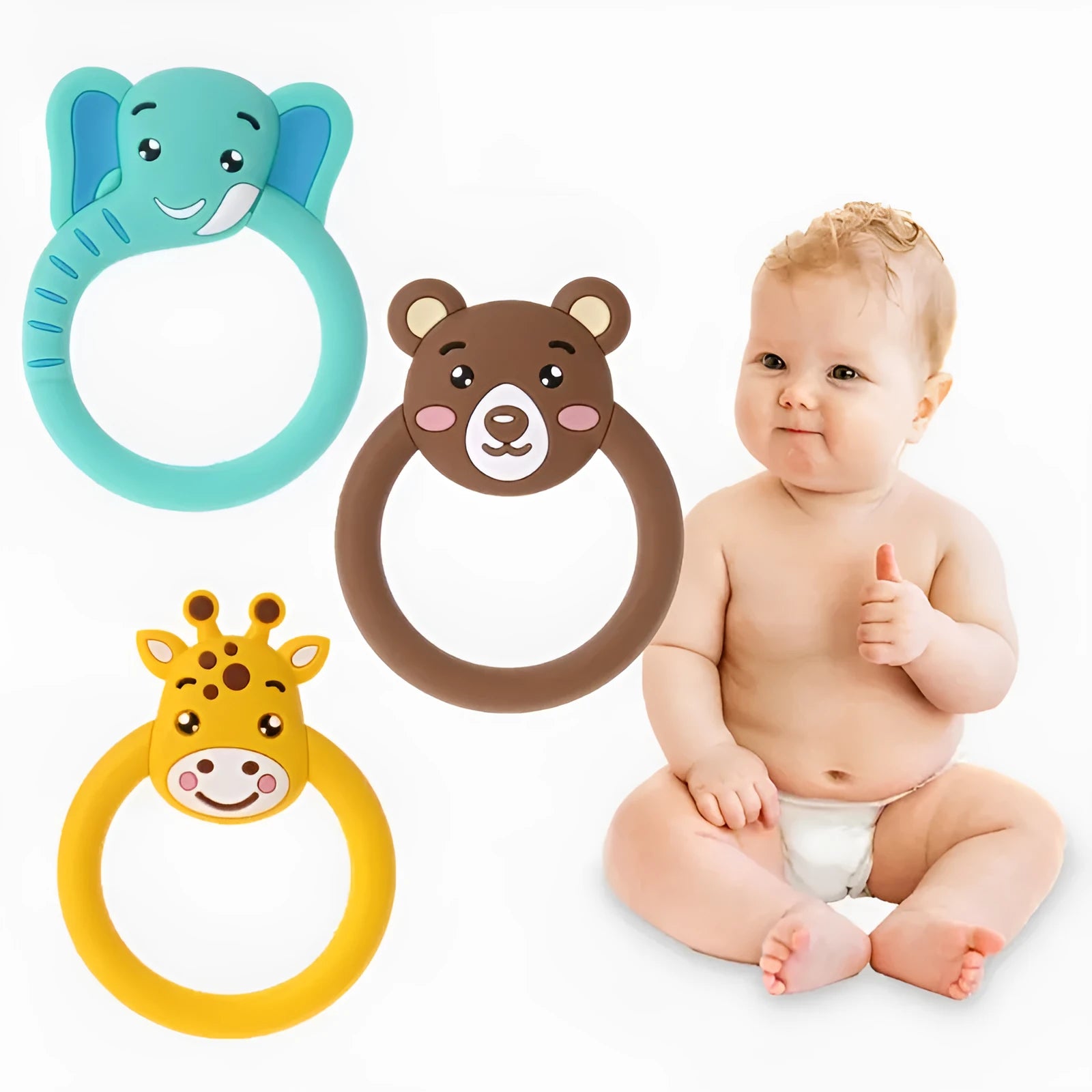 Three baby molar silicone teethers in brown, blue, and yellow on a white background