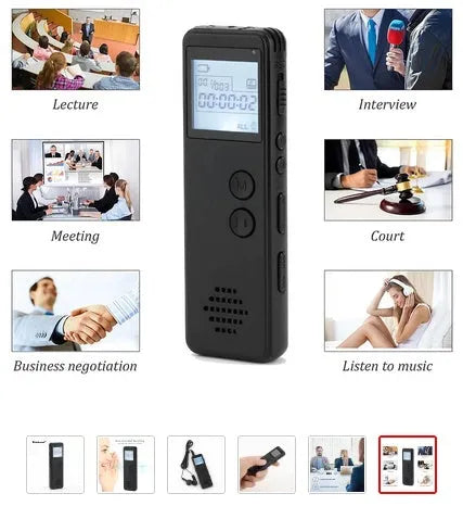 Black matte-finish MP3 digital voice recorder showing screen, recording button, and compact size of 88mm x 33mm.