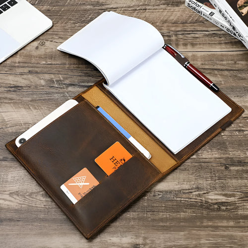 Brown crazy horse leather A5 notebook protective sleeve with square shape and socket closure