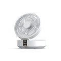 White portable folding fan with remote control showing 90° adjustable head and USB charging port