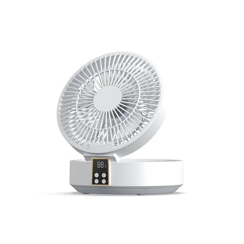 White portable folding fan with remote control showing 90° adjustable head and USB charging port