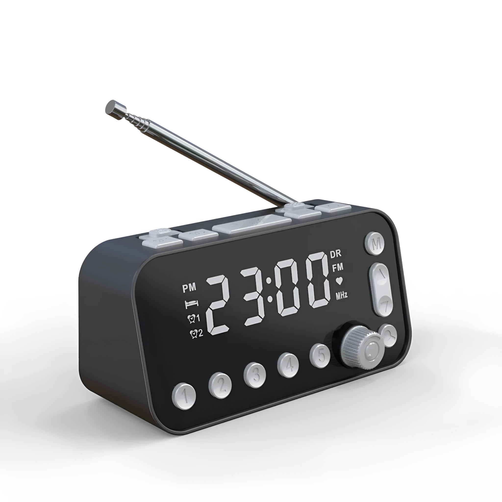 Black DAB bedside alarm clock with large LED display, pig tail antenna, and USB ports on a wooden table.