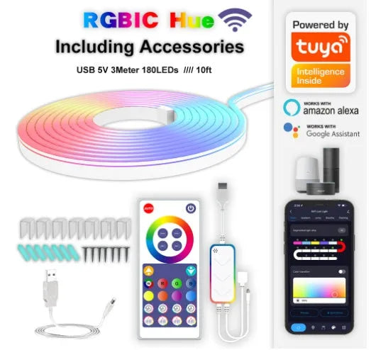 3 metre long USB RGB neon light strip with remote control on a white background.