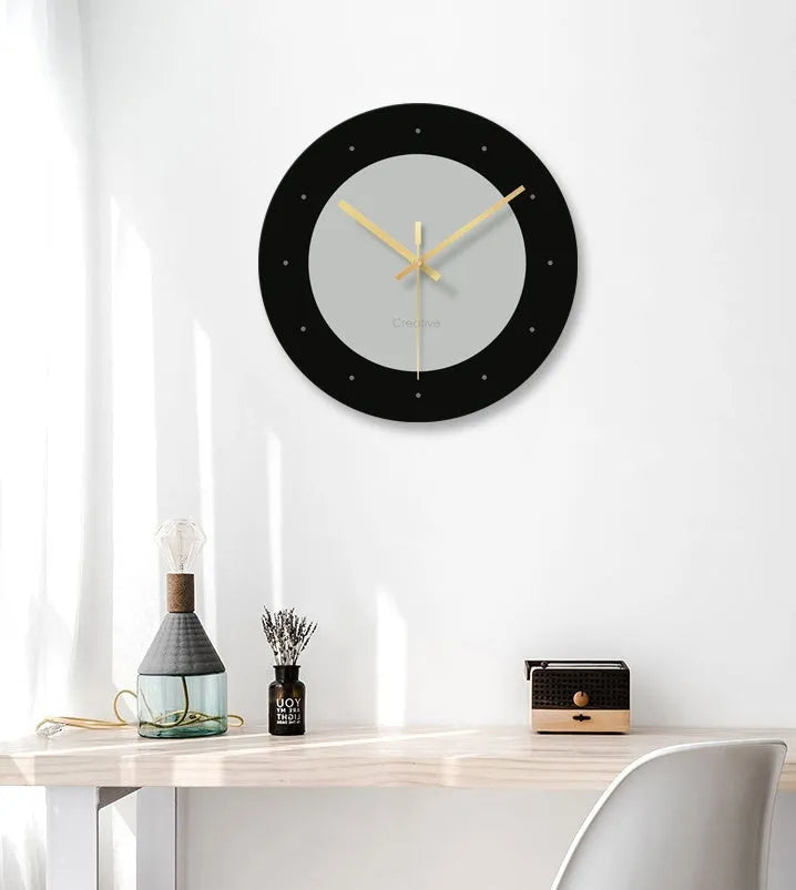 29.5cm clear tempered glass minimalist wall clock with transparent numbers on white wall.