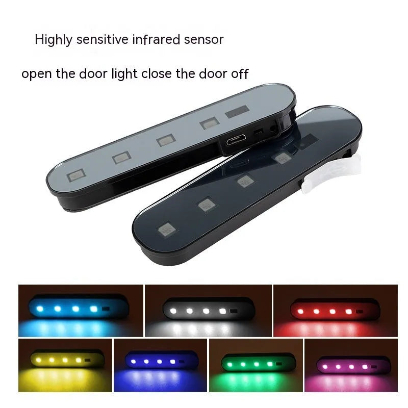 T-type colourful acrylic car door induction lamp with magnetic base attached to vehicle door