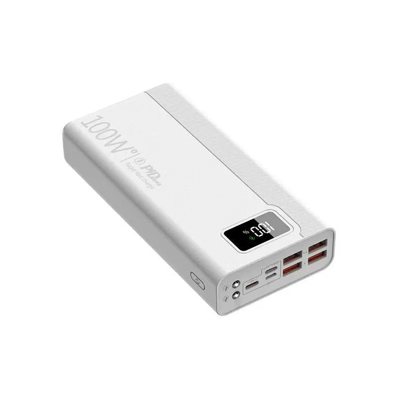 Large capacity power bank in black or white plastic casing showing front panel with charging ports