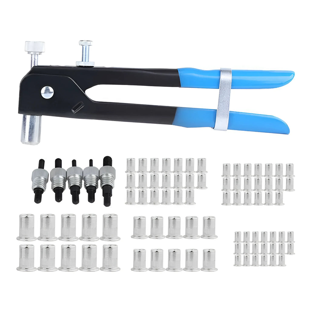 Alloy steel manual riveter tool with assorted nosepieces from a nut gun set.