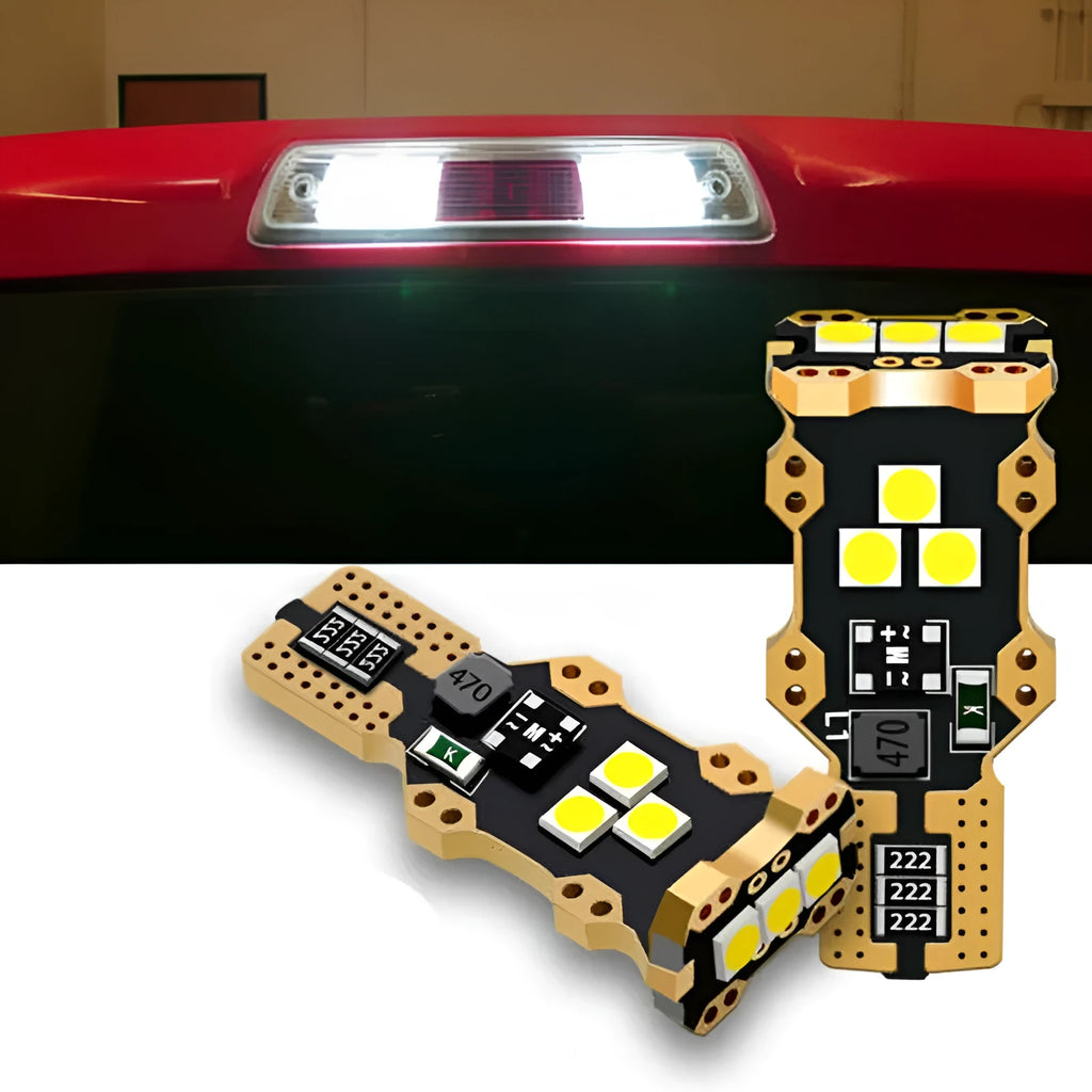 Single T15 format car reverse light bulb with white light and PVC housing.