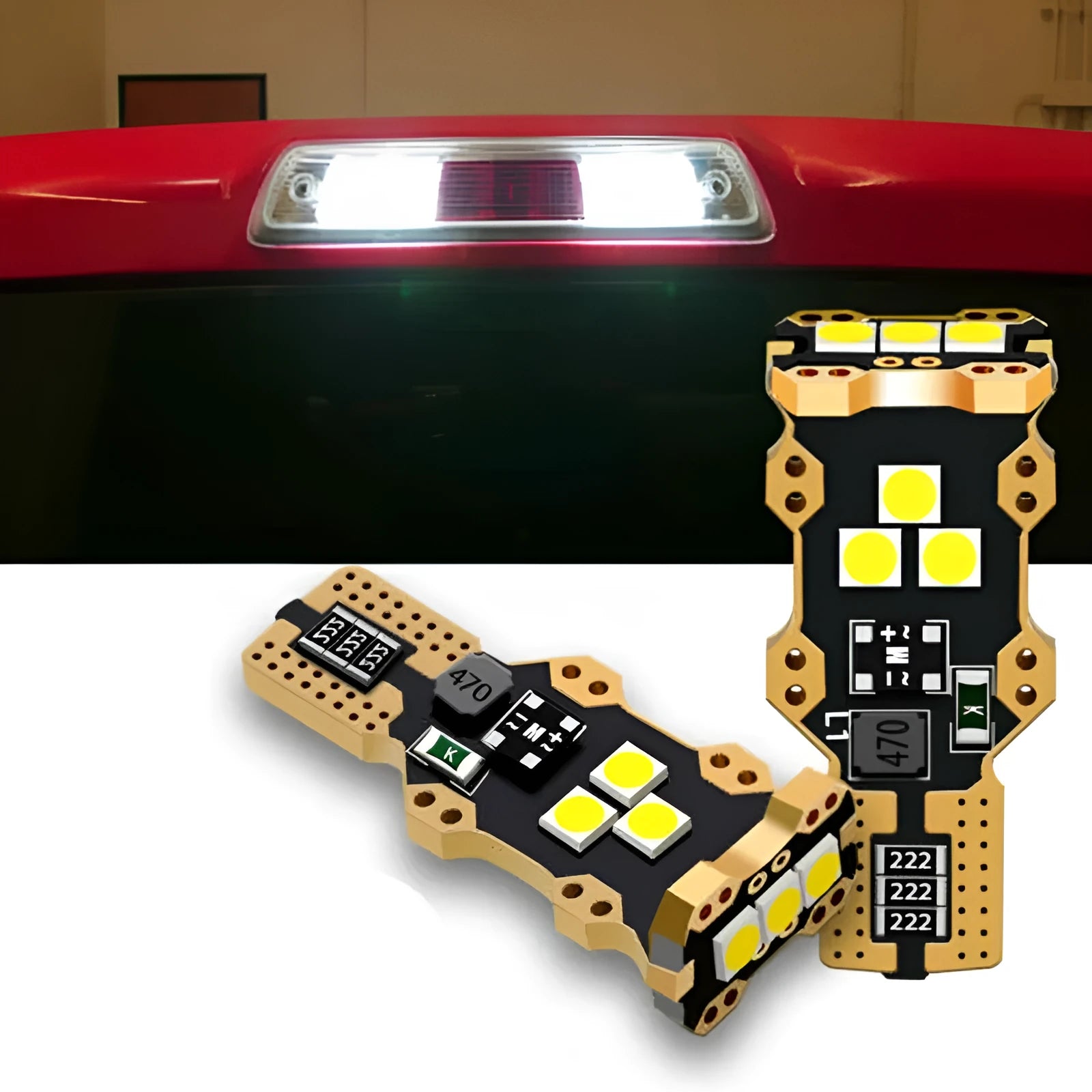 Single T15 format car reverse light bulb with white light and PVC housing.