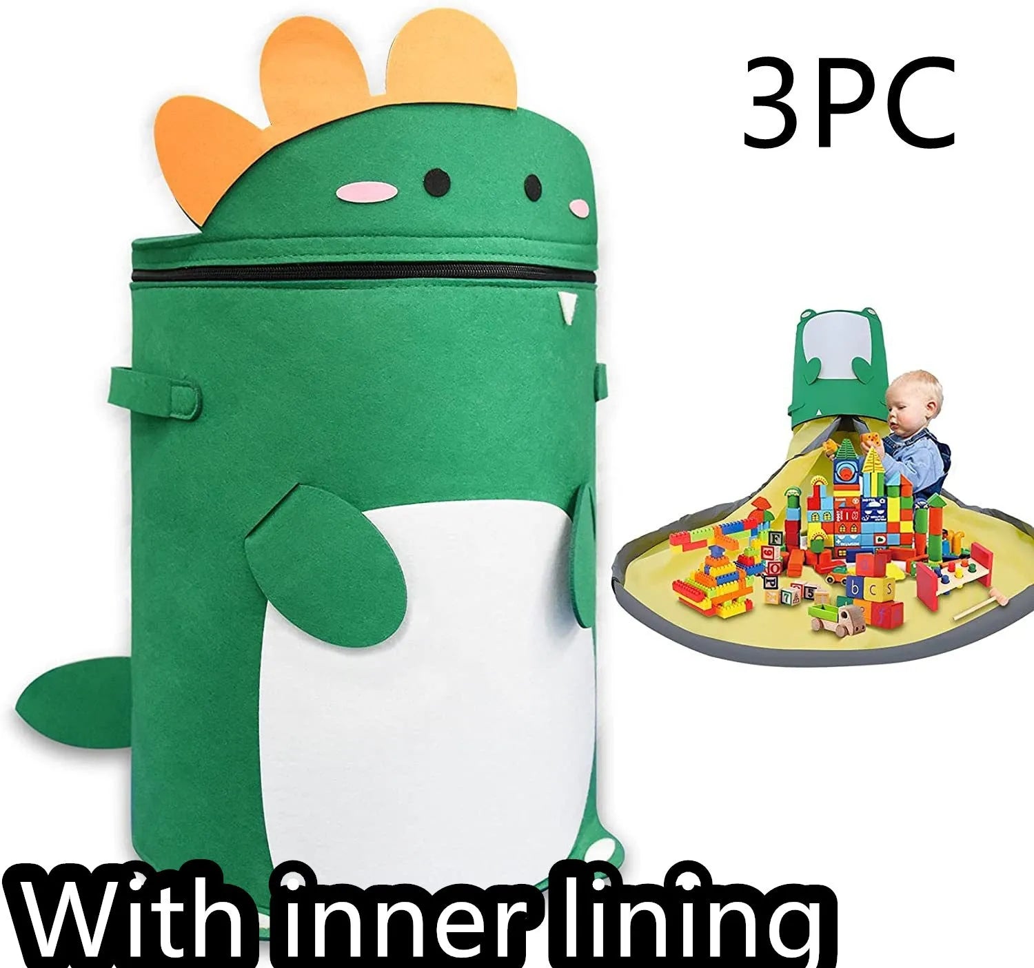 Green felt cube storage bag with pull rope, shown both as a flat play mat and gathered toy bag