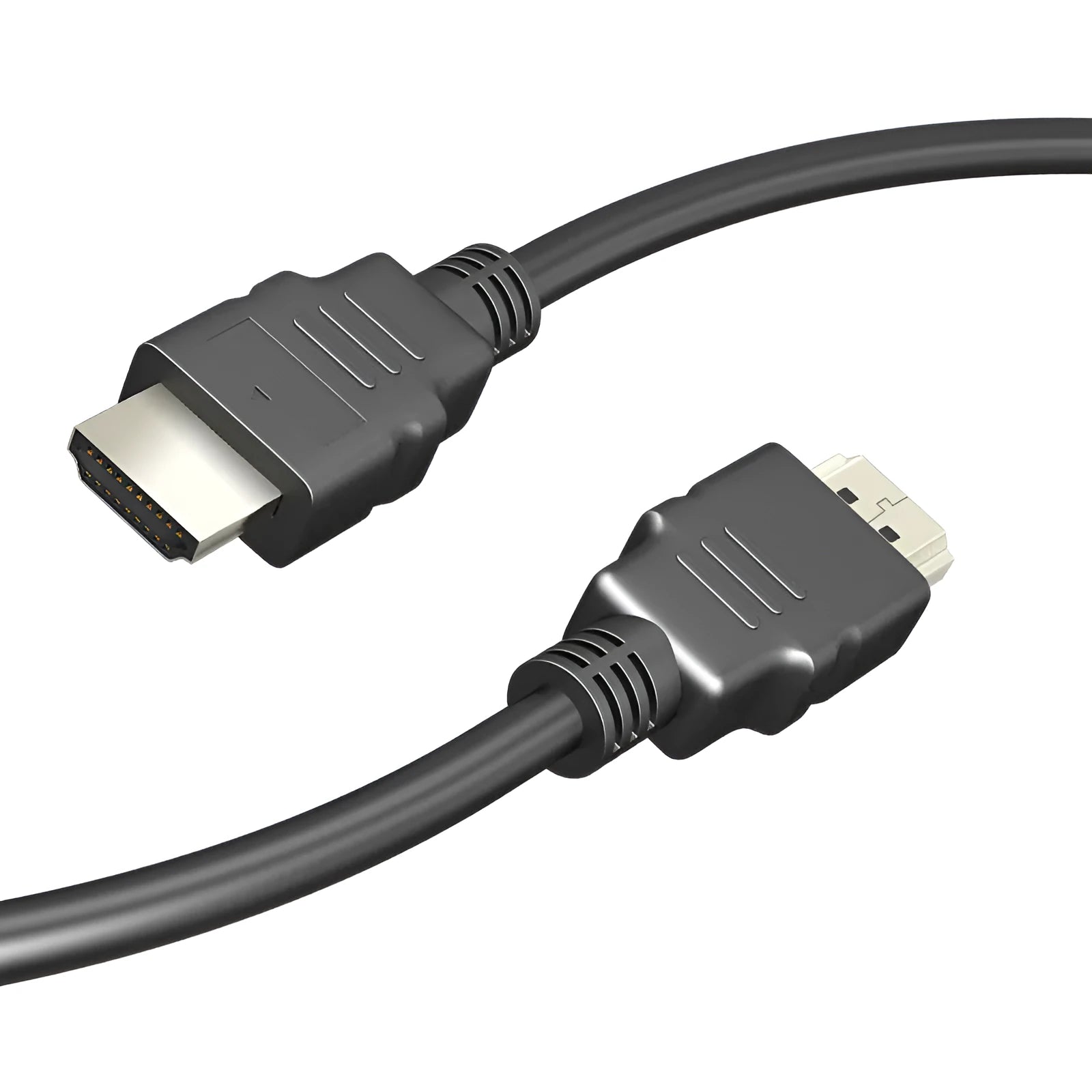 Black HDMI data cable with metal connectors for connecting a set-top box to a television.
