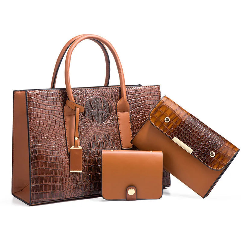 Women's three-piece PU leather handbag set with crocodile pattern in four colour options