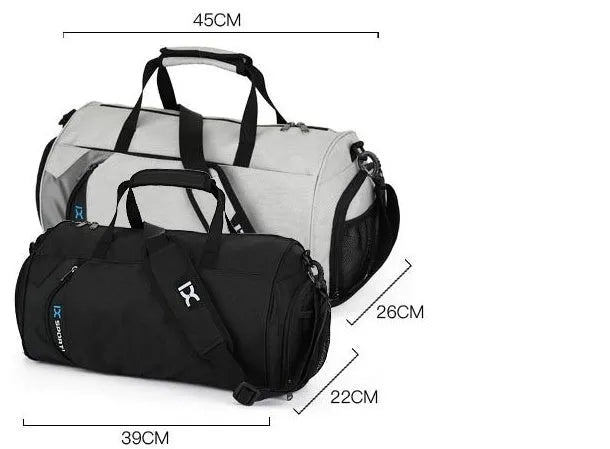 Men sports training bag in black waterproof nylon L size with dry wet separation and trolley strap