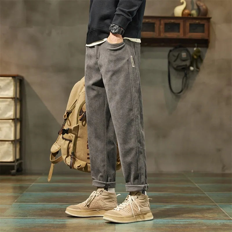 Men's tapered corduroy trousers in straight-leg cut available in multiple colours including Army Green and Black Plus Velvet Style