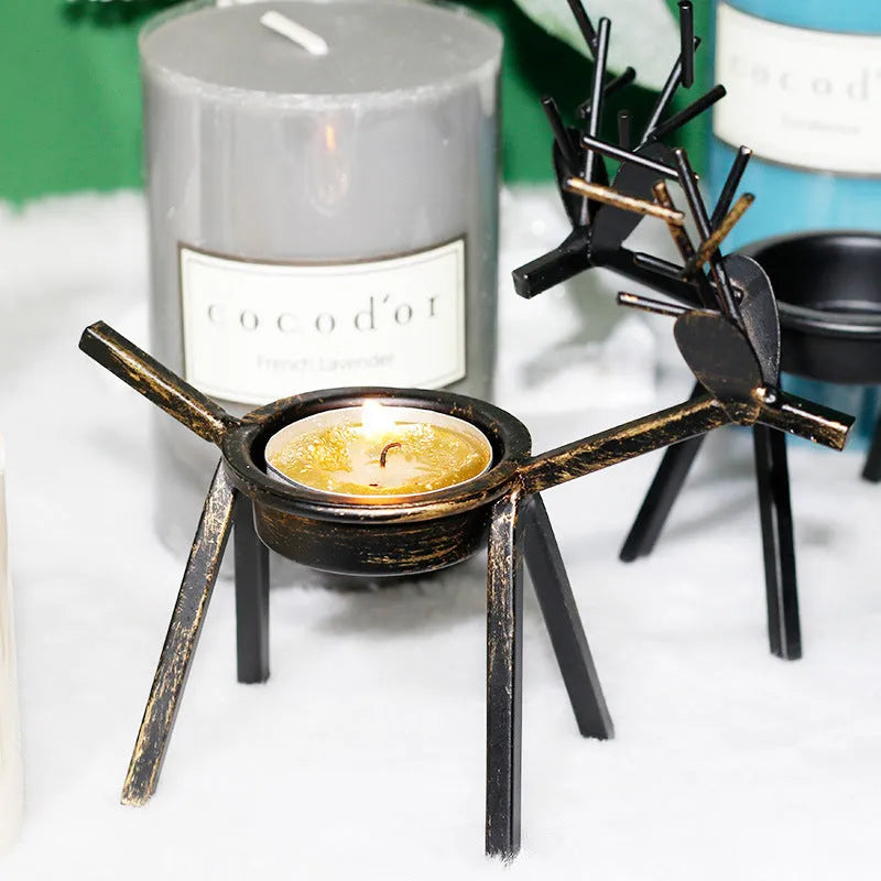 Black iron Christmas deer candlestick holder with elk bracket design for festive decoration