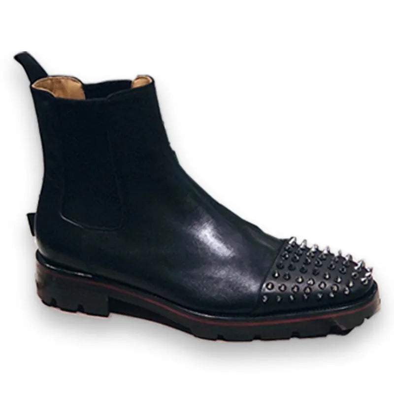 Black high top leather business casual shoes on a white background.