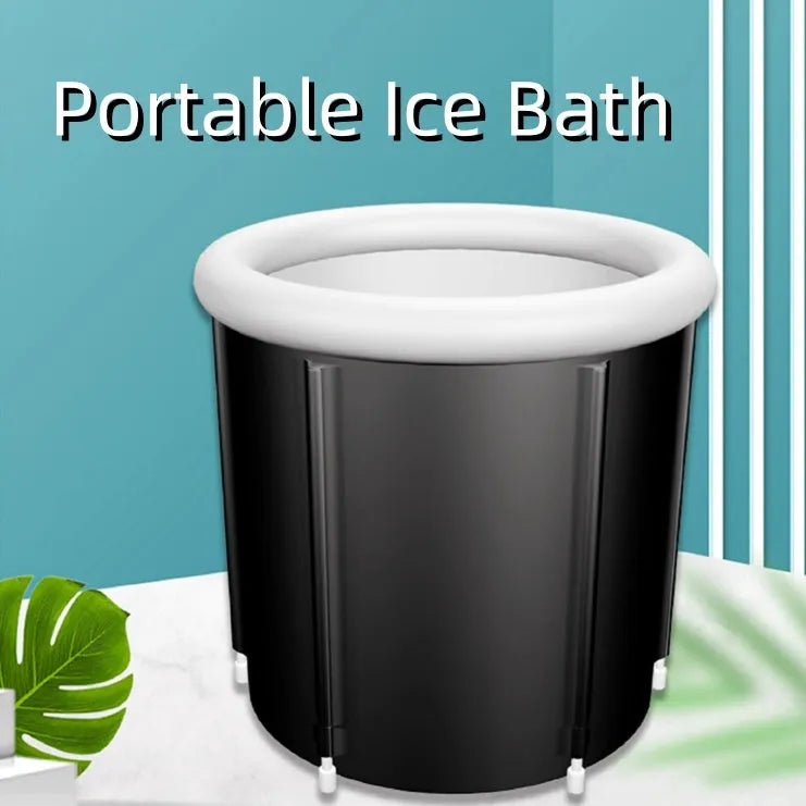 Black inflatable portable ice bath tub with elasticated cover, shown with air pump and drainage accessories