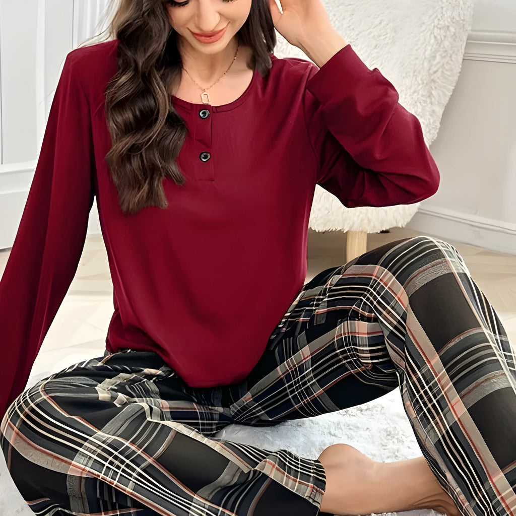 Milk silk plaid pants and button pullover set in Brown or Wine Red, sizes S to XXL