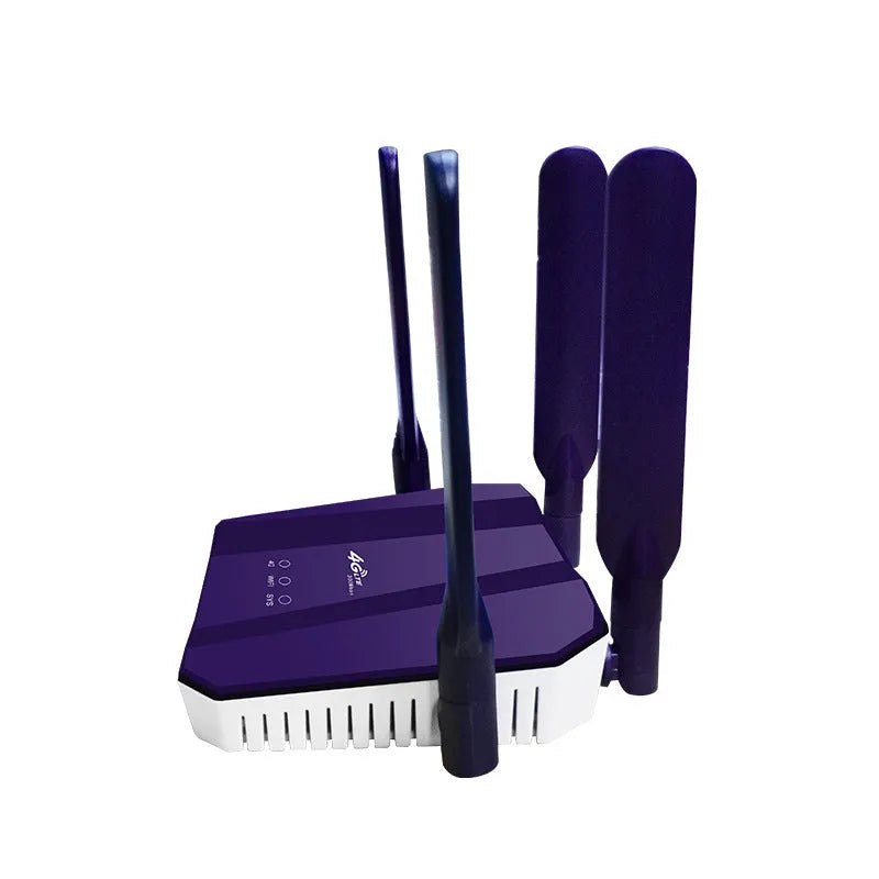 Blue 4G and broadband dual-mode wireless router with four external antennas.
