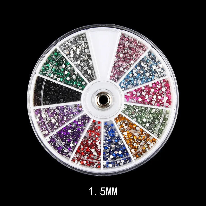 Flatback diamond rhinestone nail art in 1.5mm pack of 12 assorted colours
