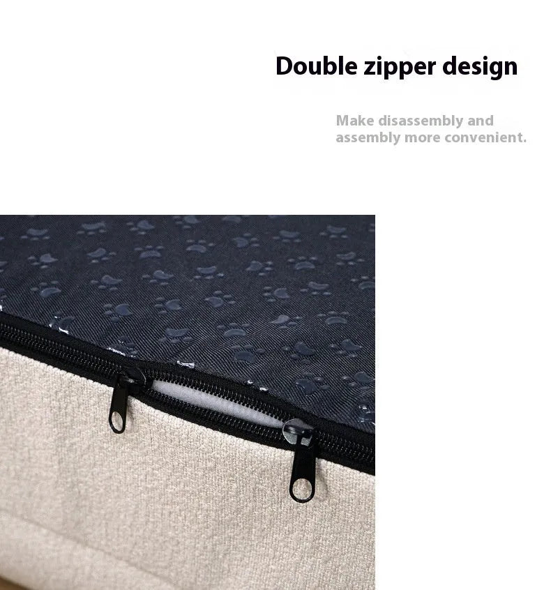 Beige rectangular cloth dog sofa bed for medium-sized dogs on a wooden floor.