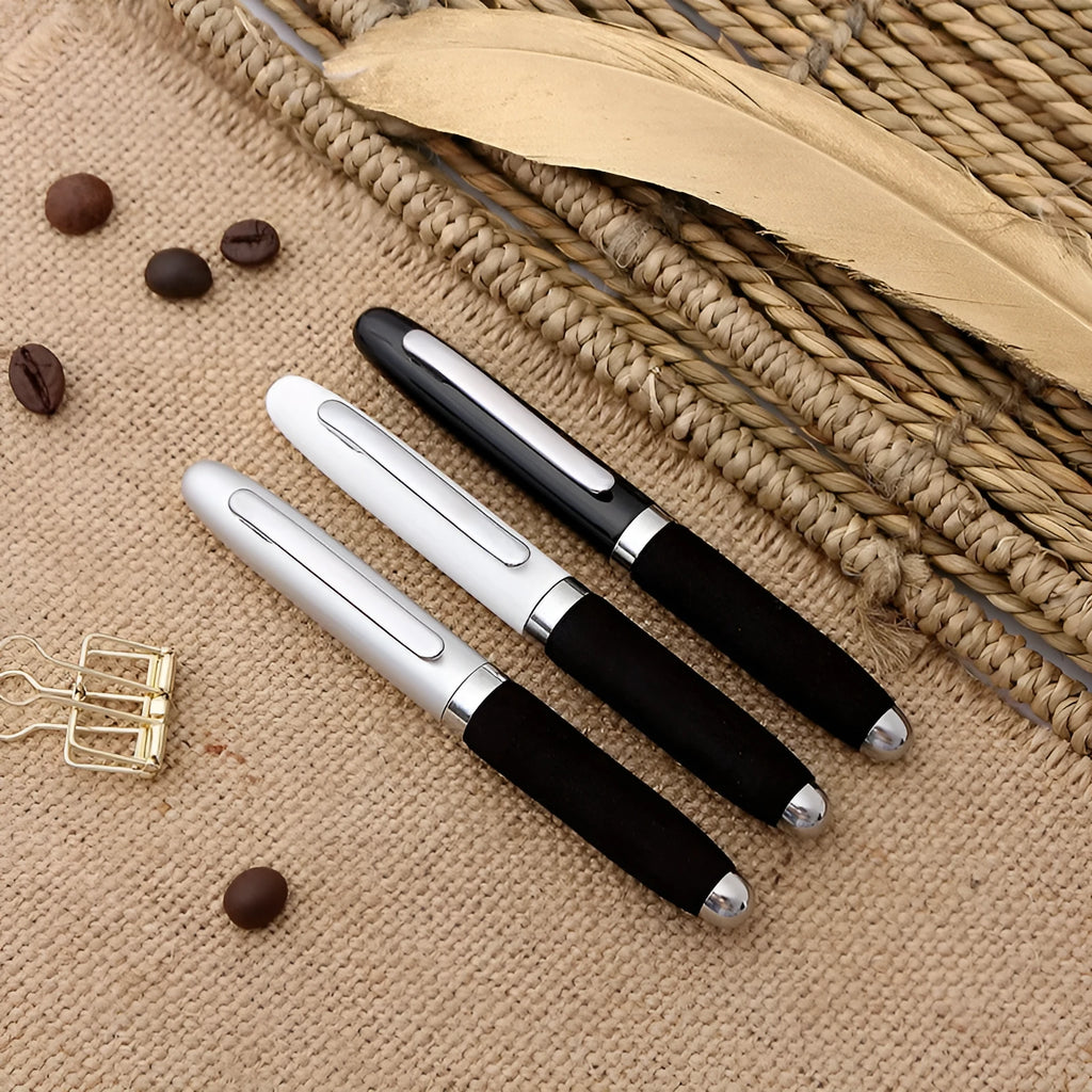Compact silver and black ballpoint pen with a 1.0mm metal tip and a textured EVA cap.
