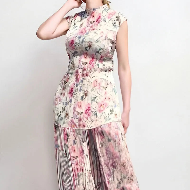 Women's long sleeve printed chiffon two-piece dress set with high waist skirt.