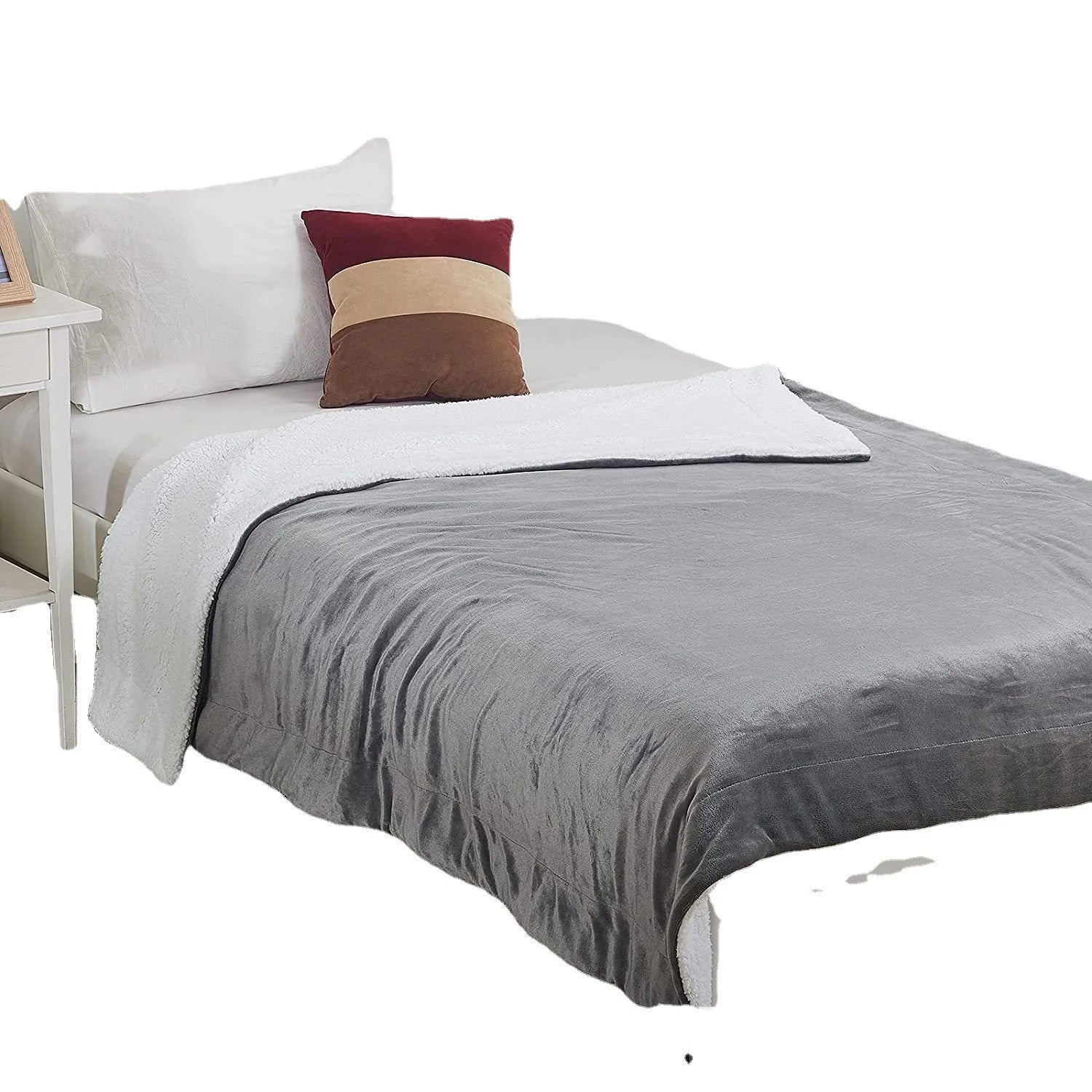 Grey and white flannel USB electric heating blanket with intelligent temperature control, shown on a chair.