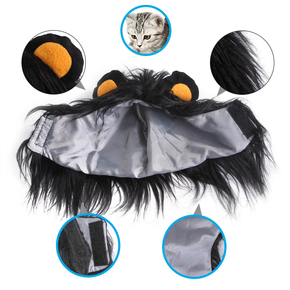 Black lion headgear wig on cat with three size options available