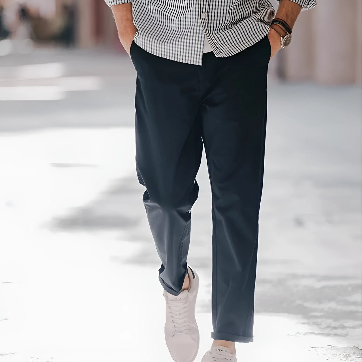 Men's cropped stretch cotton trousers, loose mid waist, elastic fly, dark grey black blue khaki, sizes 28-36