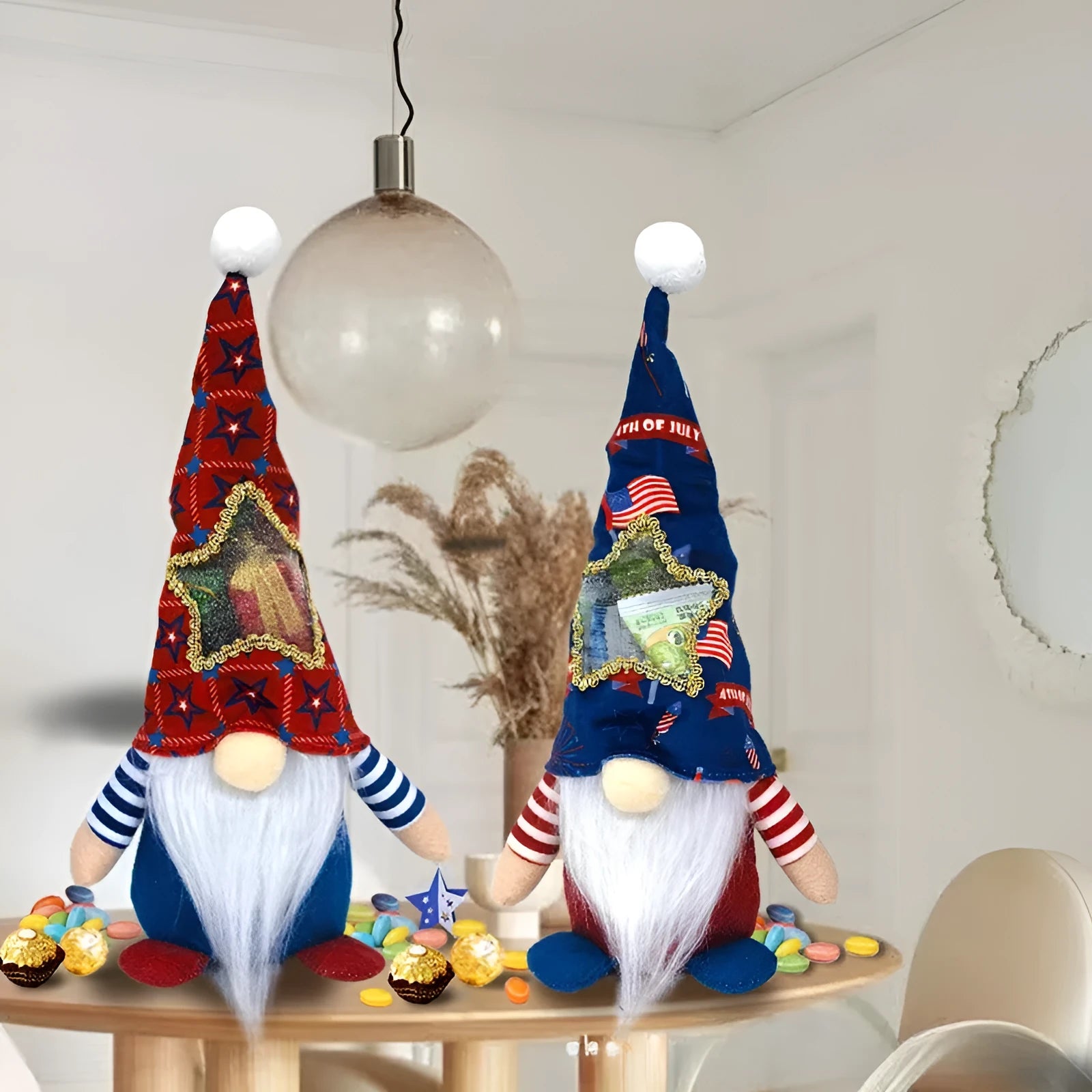 Two faceless Rudolf-themed cloth doll candy bags measuring 32cm by 12cm with suit style decoration