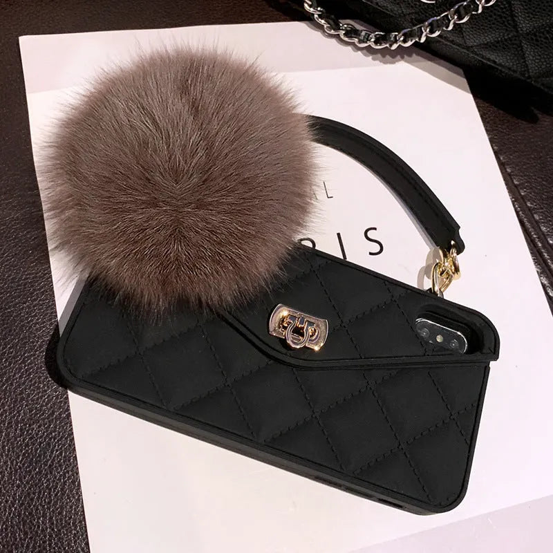 Plush hairball texture TPU back cover for iPhone in dark green grid colour.