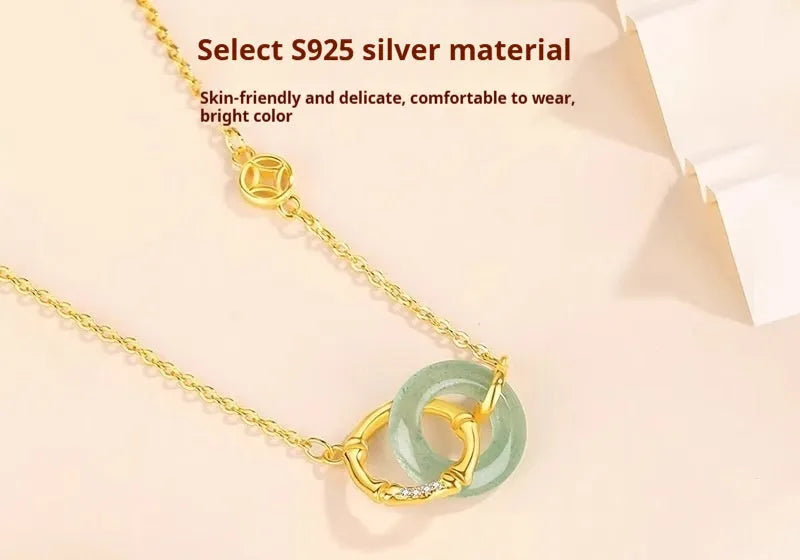 Sterling silver bamboo joint peace buckle necklace with geometric pendant on O-ring chain