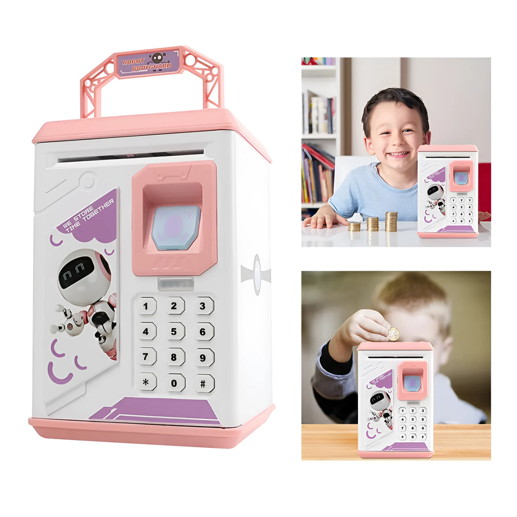 Electronic fingerprint piggy bank in blue or pink, plastic coin and note saving box, 13x13x24cm, 750g