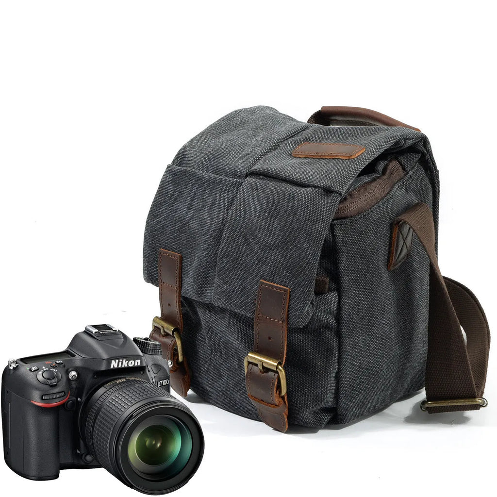 One-shoulder retro waterproof canvas camera bag for Canon SLR in dark grey with side pocket