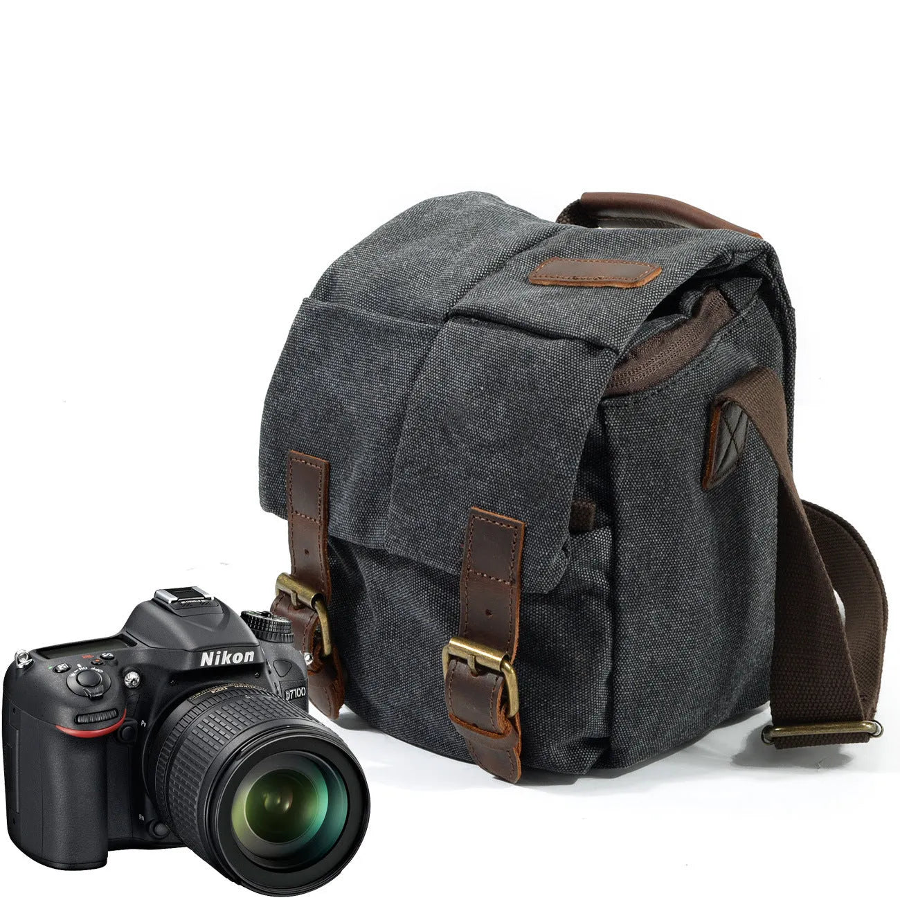 One-shoulder retro waterproof canvas camera bag for Canon SLR in dark grey with side pocket