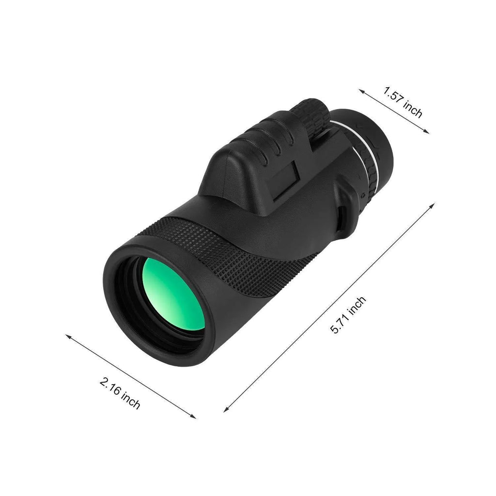 Black 40x60 monocular telescope with mobile phone attachment for photography on a table.
