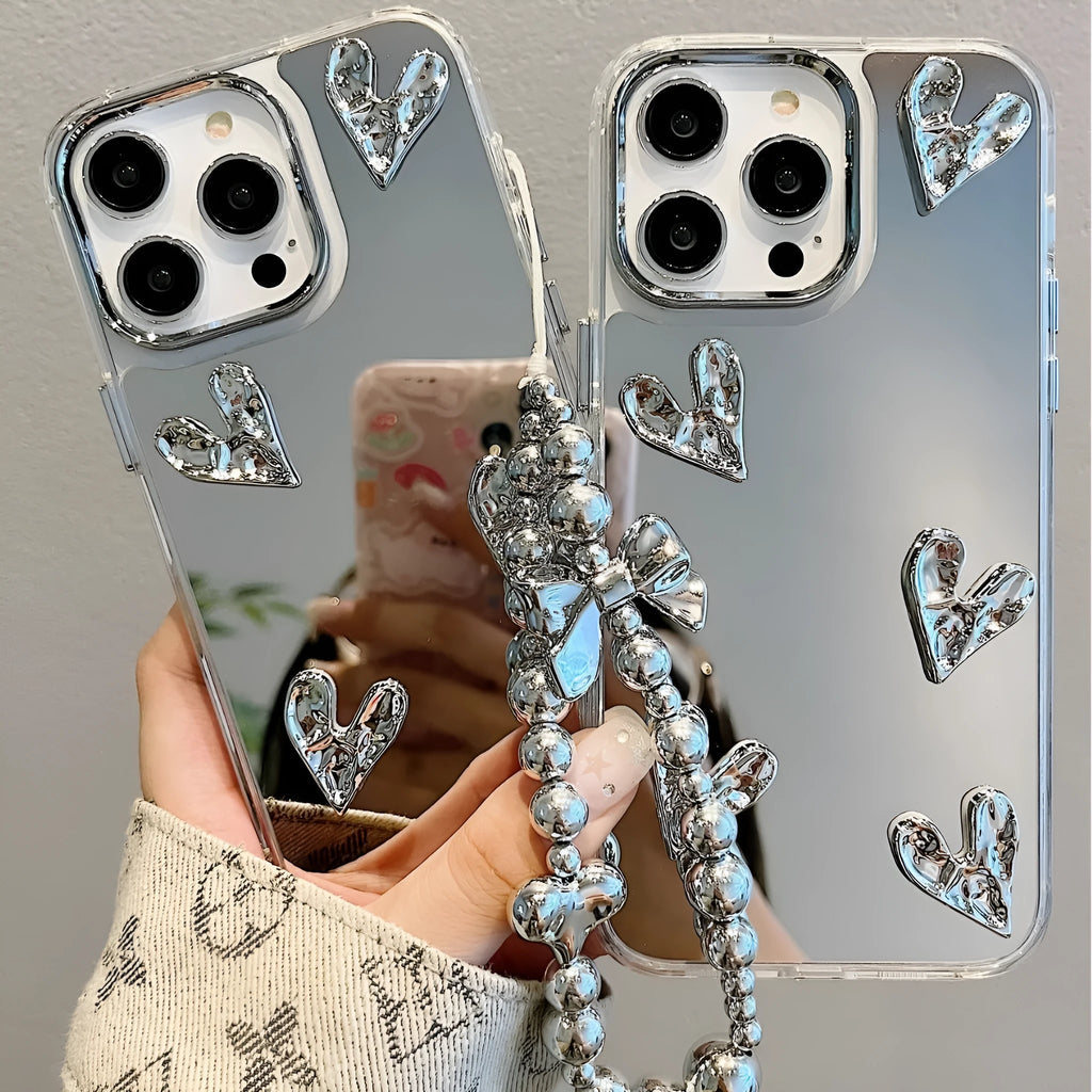 Electroplating pleated heart iPhone case with mirror finish and lanyard option